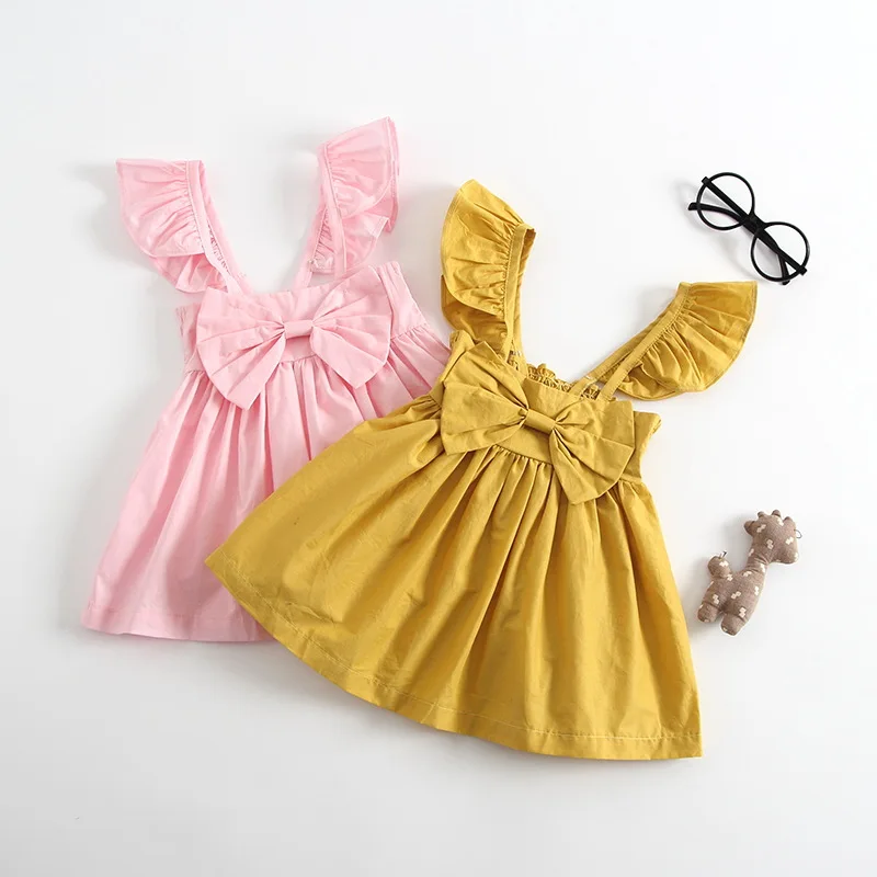 
summer kids baby girl yellow fly sleeve dresses european fashion oversize bow soft cotton tutu fancy dress girls dresses 