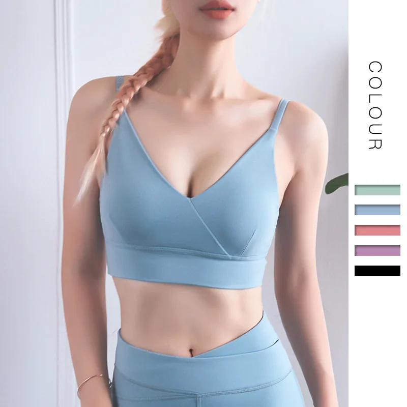 Wholesale Women Deep V Fashion Sports Bra Full Cup Padded Tops Breathable Beauty Back Fitness Yoga Bra