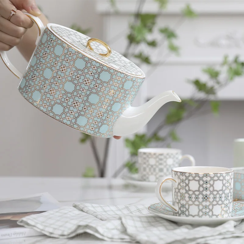 Керамический чайник, роскошная кофейная чашка в британском городском стиле с блюдцем, качественный китайский чайник, набор синего и серого цветов