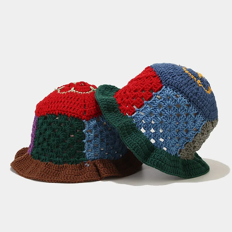Fisherman Cap Round Brim Soft Summer Foldable Floral Custom Handmade Hollow Flower Floppy Women Wool Knitted Crochet Bucket Hat