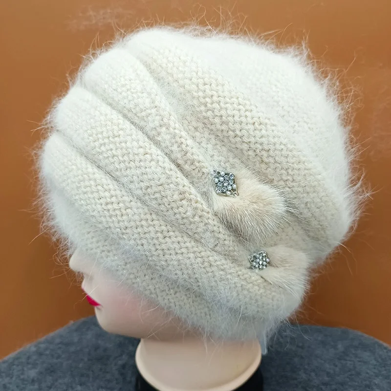Angora Wool Knitted Hat for Ladies Elegant Fluffy Beanie Hat Soft Cozy Warm Winter Rabbit Fur Beanie Hat