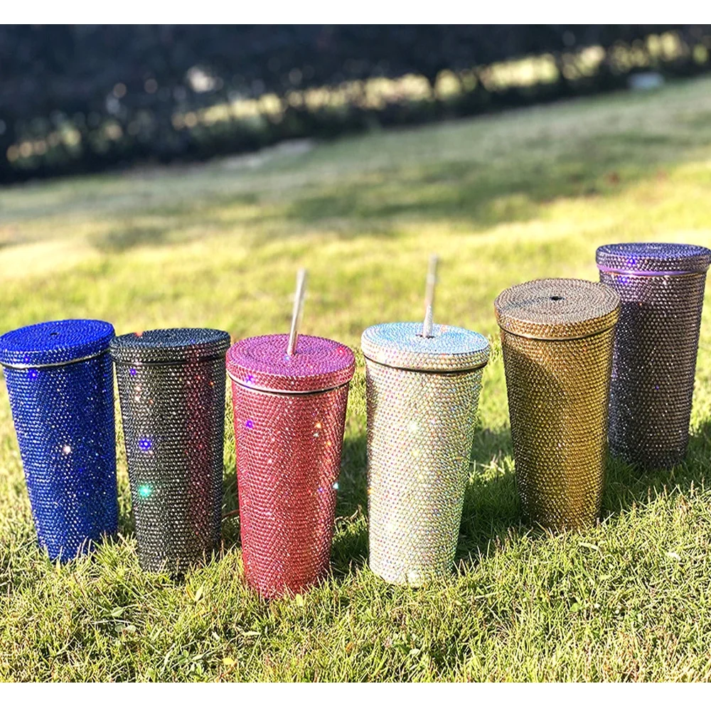 B200 high quality diamond Double Layer Stainless Steel tumbler bottle rhinestone vacuum flask with straw