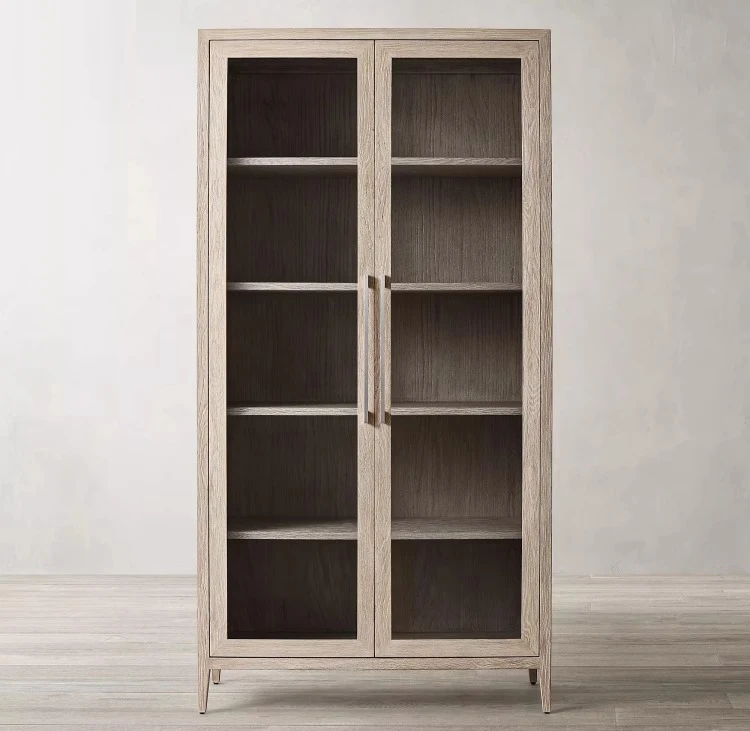 RH American Solid Wood Bookcase Living Room French Glass Door Display Cabinet Oak Retro Wall Locker Floor Cabinet Custom