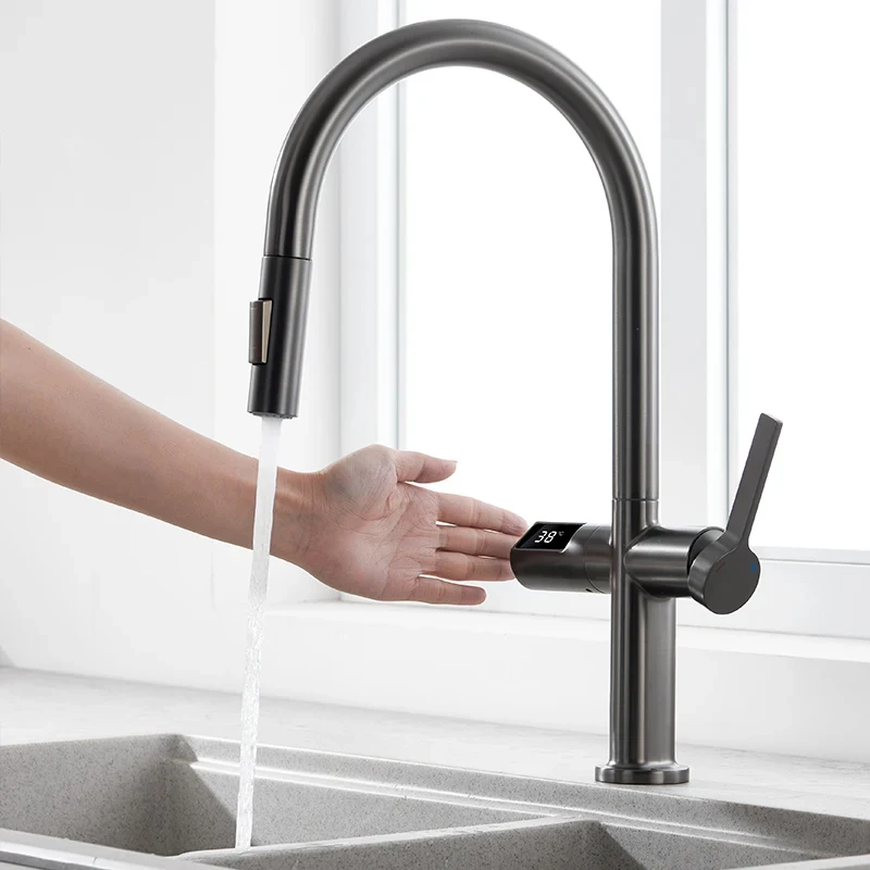 Deck Mounted Hot Cold Water Tap Kitchen Sink Faucet Mixer With Temperature Digital Display Kitchen Faucet