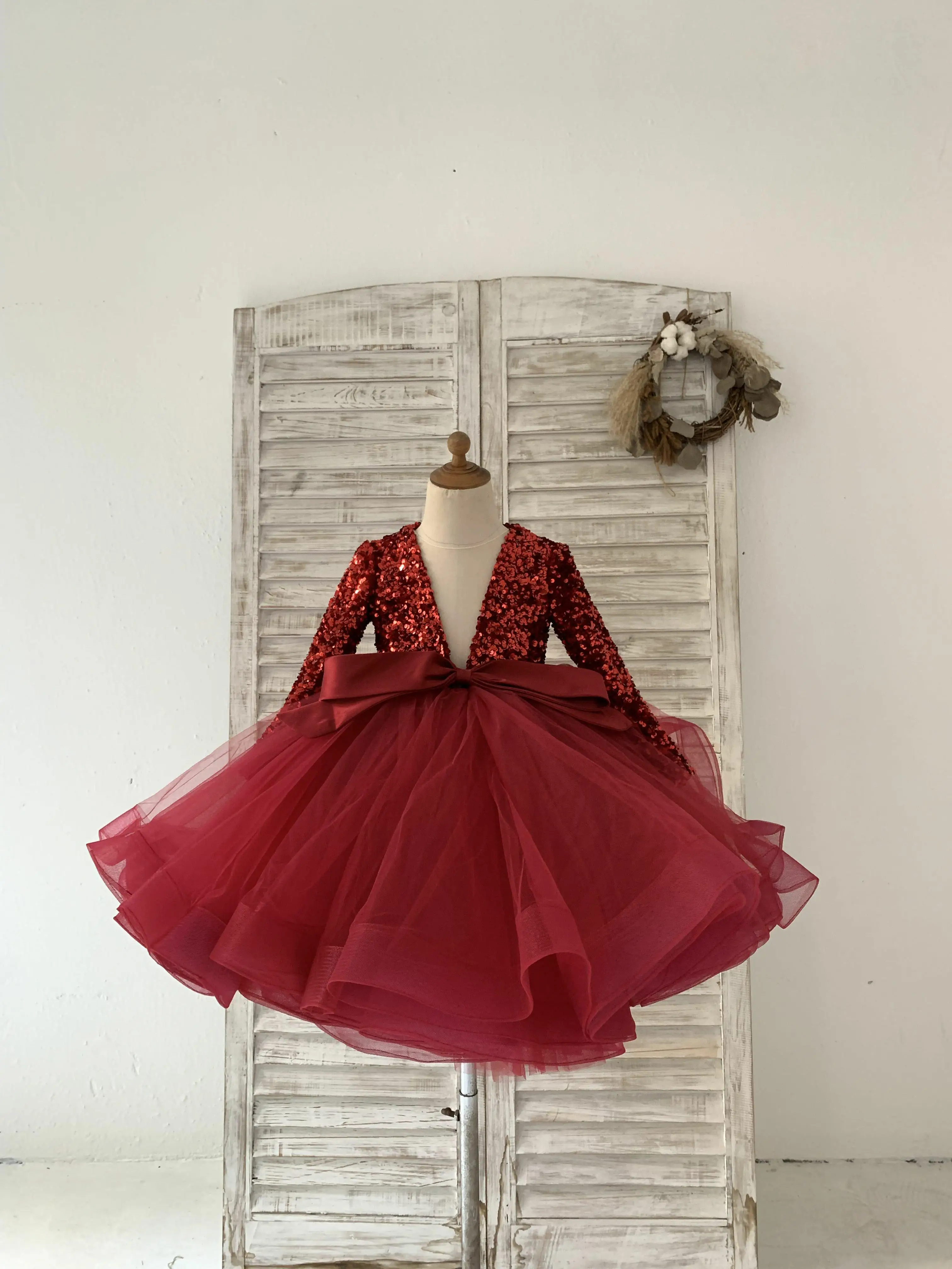 Long Sleeves Sequin Tulle Wedding Flower Girl Dress Kids Party Dress TUTU Dress with Horsehair