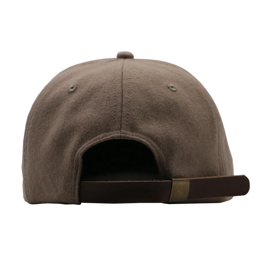 custom design lower crown 5 panel flat embroidery dad caps wool blend leather strap metal buckle wool hats unstructured dad hats