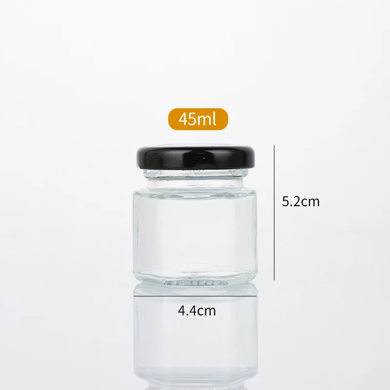 High Quality 45 ml Mini Glass Hexagon Jars With Wooden Screw Lids for Food Honey Jam