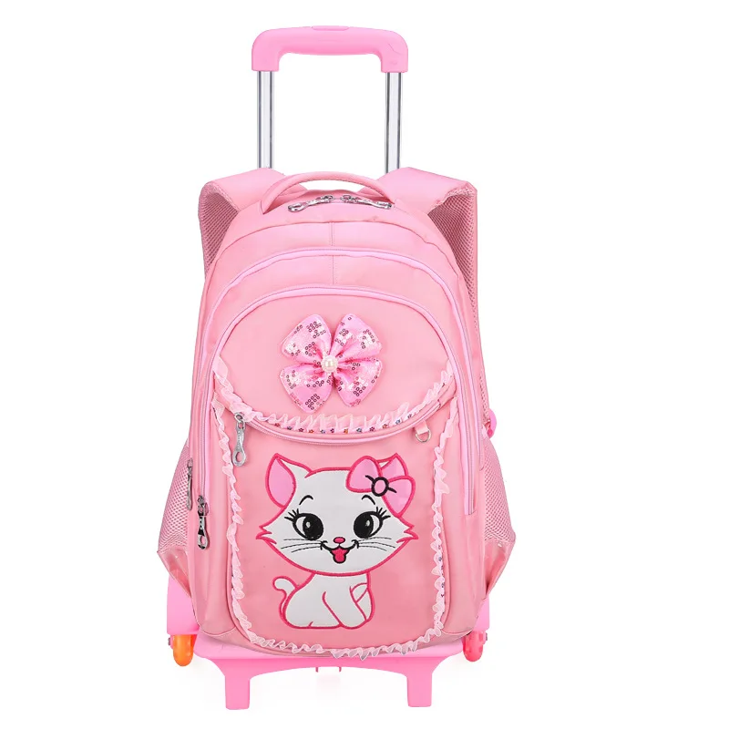 Large Capacity School Bag Trolley Children Girl Pink Fashion Kids School Bag and Lunch Bag Set with Wheels