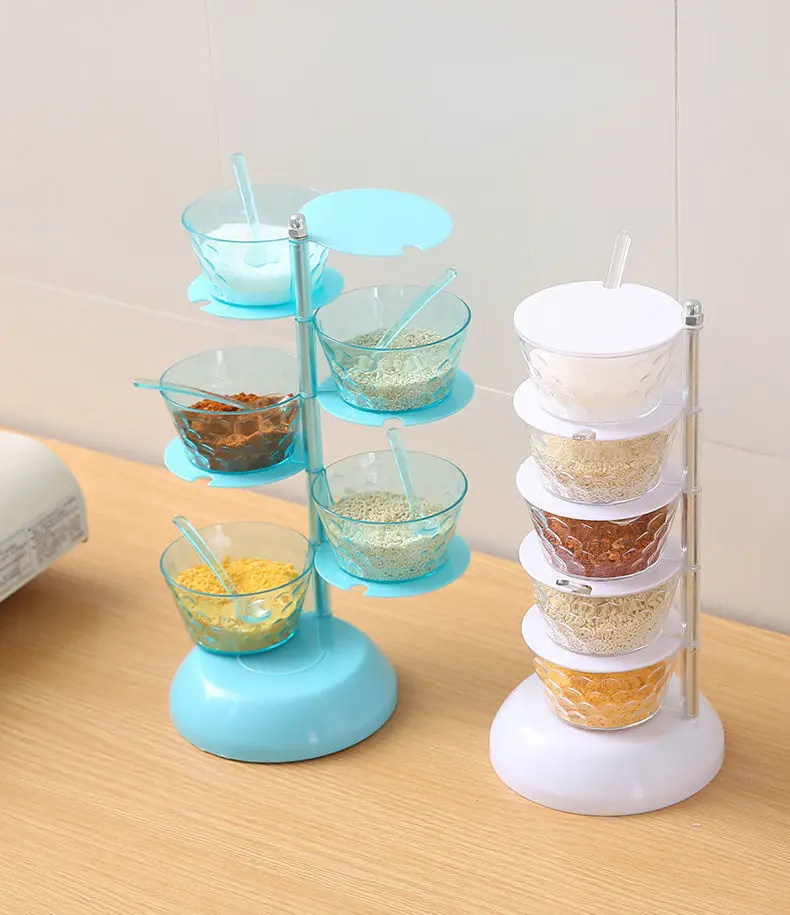 Hot Product Kitchen Accessories Seasoning Jar With Spoon 5 Layers Plastic Condiment Storage Jar Rotating Seasoning Box