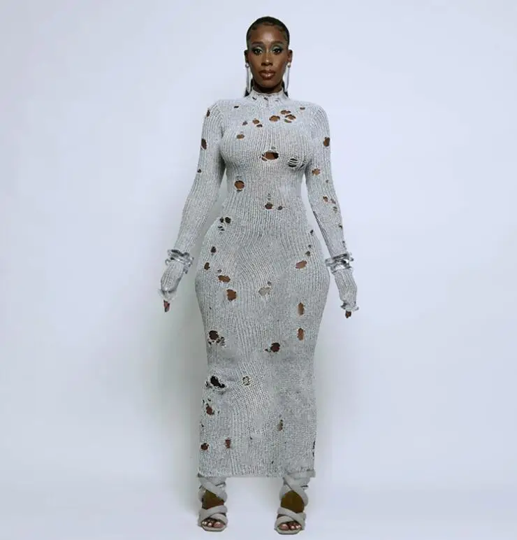 New Fashion STOCK 2Colors y2k Clothing Long Sleeve Casual Sexy Club Cut Out Crochet Knitted One Piece Dresses Women