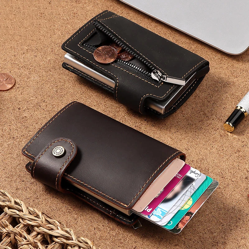 TS Leather RFID Blocking  Pop Up card holder Aluminum Card Case Business ID anti-theft wallet card holder