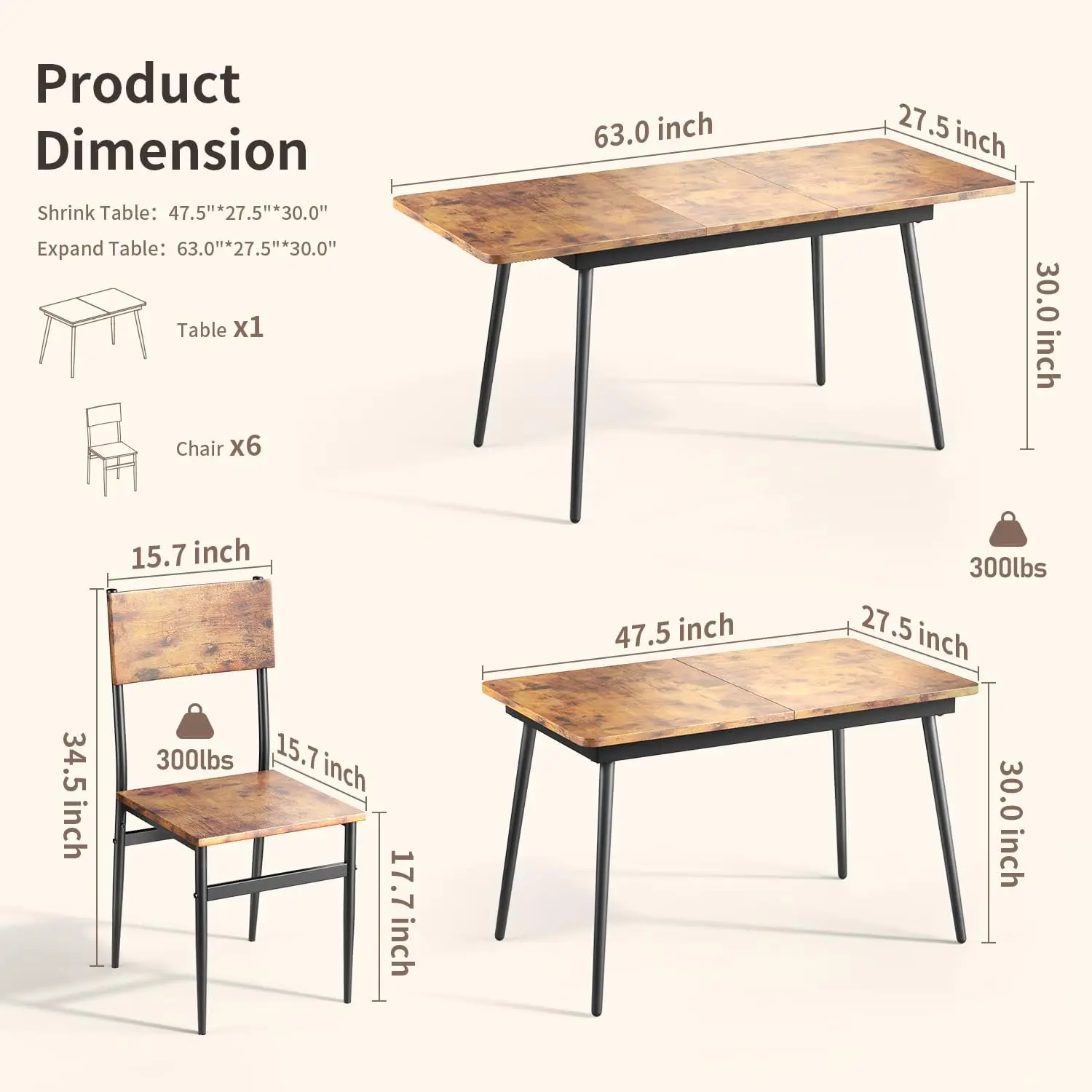 Dining Table Set for for 4-6 People Modern Dining Room 6 Chairs Wood Board Kitchen Table Set for Small Space