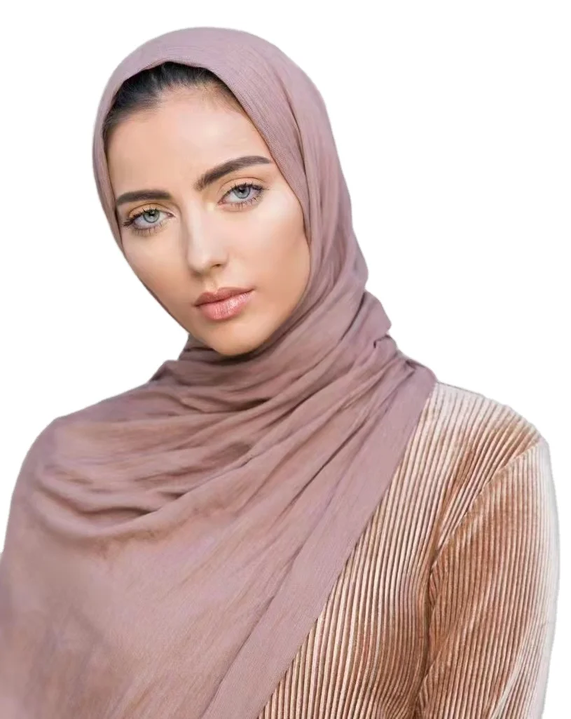 2021 ribbed design  customized hijabs long scarf small crinkle solid color soft feeling rayon pleated hijab