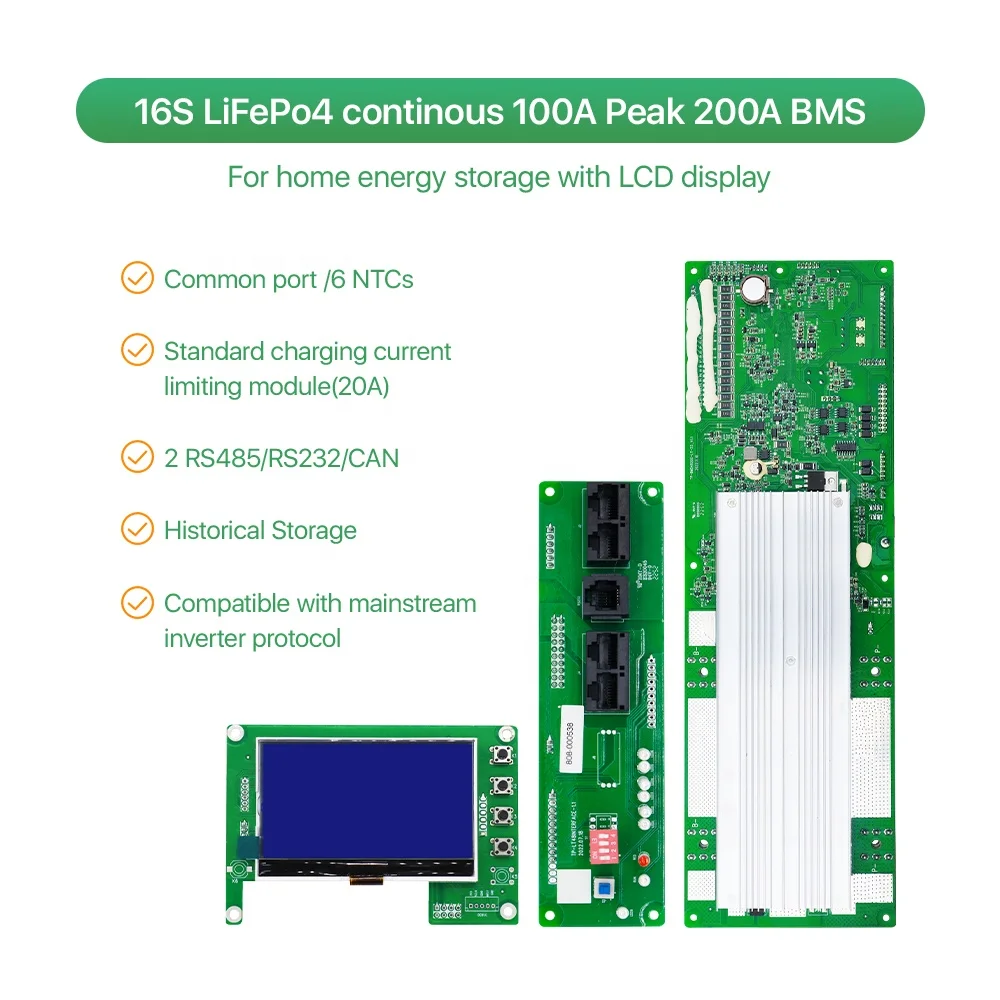 Smart LFP BMS with WiFi BT 15S 16S 48V Solar System Storage 51.2V 100A 200A Lithium Lifepo4 Battery BMS For DIY