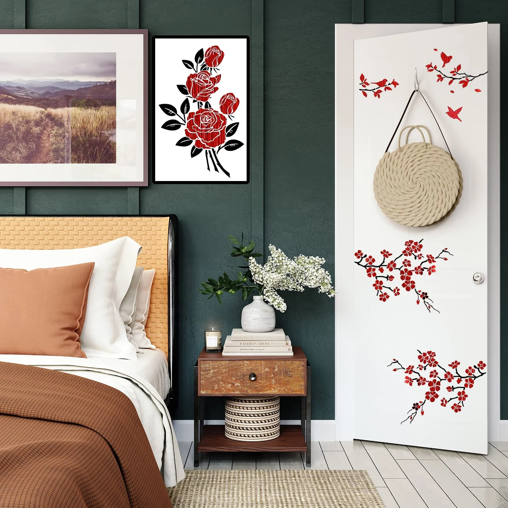 6 PCS A4 Vine Leaf Rose Stencil Cherry Blossom Stencil Bird Tree Branch Stencils Reusable Floral Flower Template