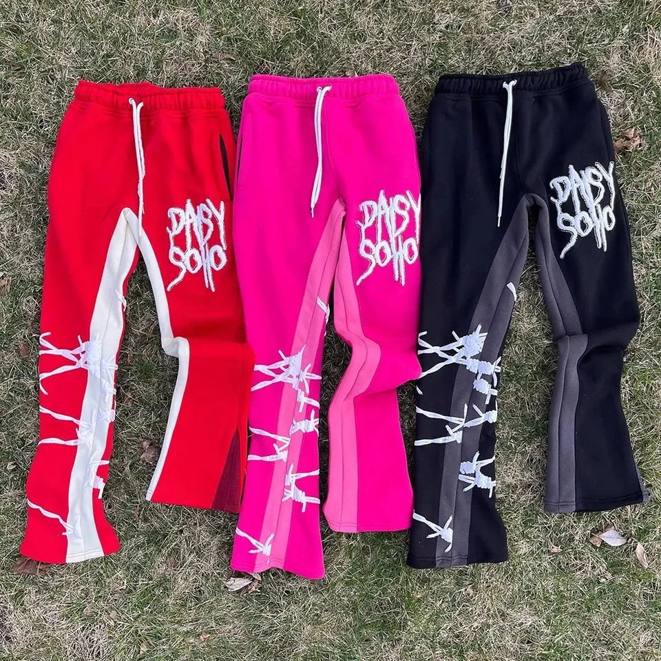 Full Zip Up Hoodies And Flared Stacked Sweatpants Two Piece Tracksuit Set Custom Cotton Puff Print Women Unisex Sweatsuit Men