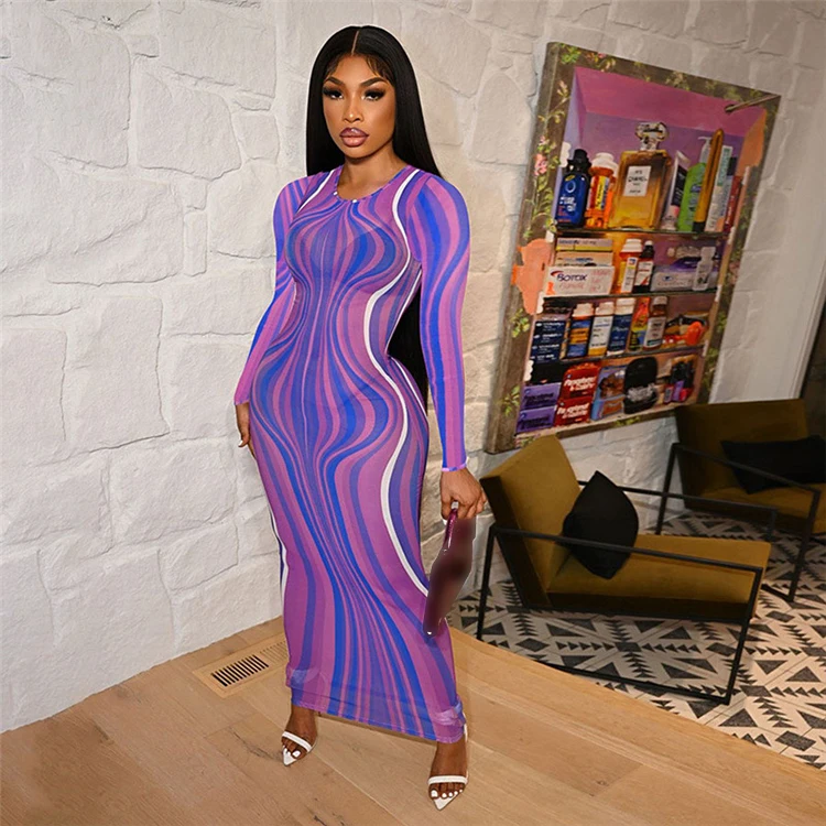 2021 Fall Clothing Breathable New Style Women Slim Fitted Printing Long Sleeve Mesh Maxi Dresses Sexy Transparent Striped Dress