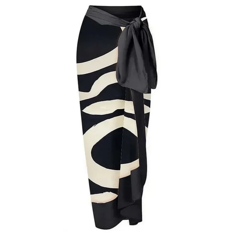 Bestway black and white print high waist deep V-neck stripping one piece Swimsuit with beach skirt halter swimwear bathing suits