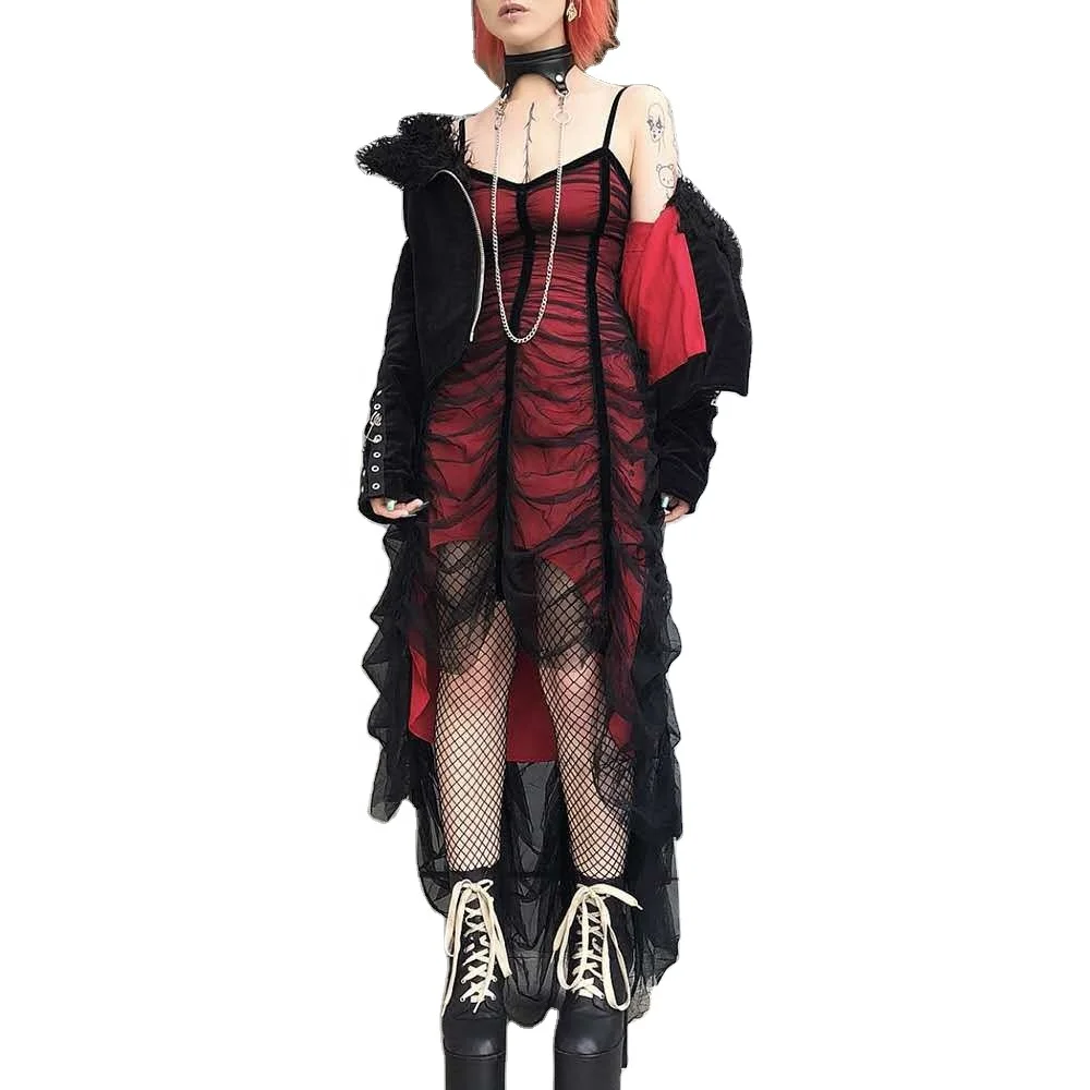Dark Gothic Style Mesh Irregular Sling Dress Personalized pleated dress