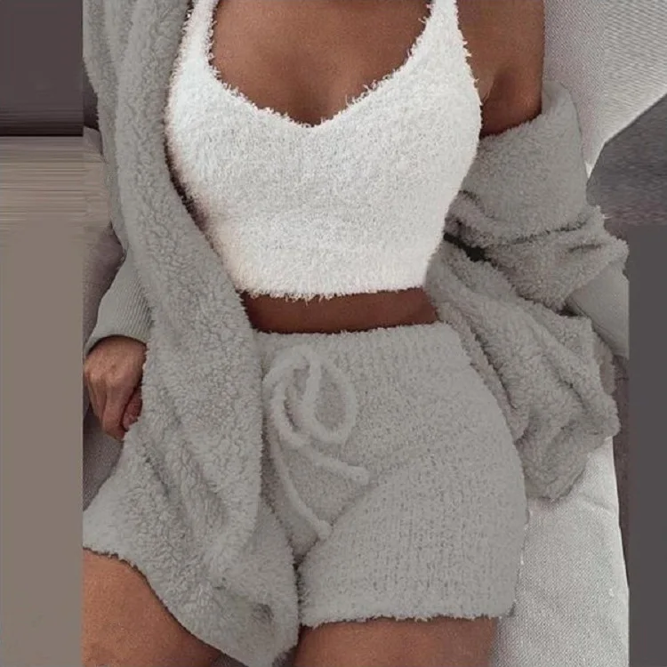 Autumn Winter Fluffy Outfits Plush Sexy Backless Fleece Women Casual Sports Sweatshirt Home Wear Sets Tracksuit 3 Piece