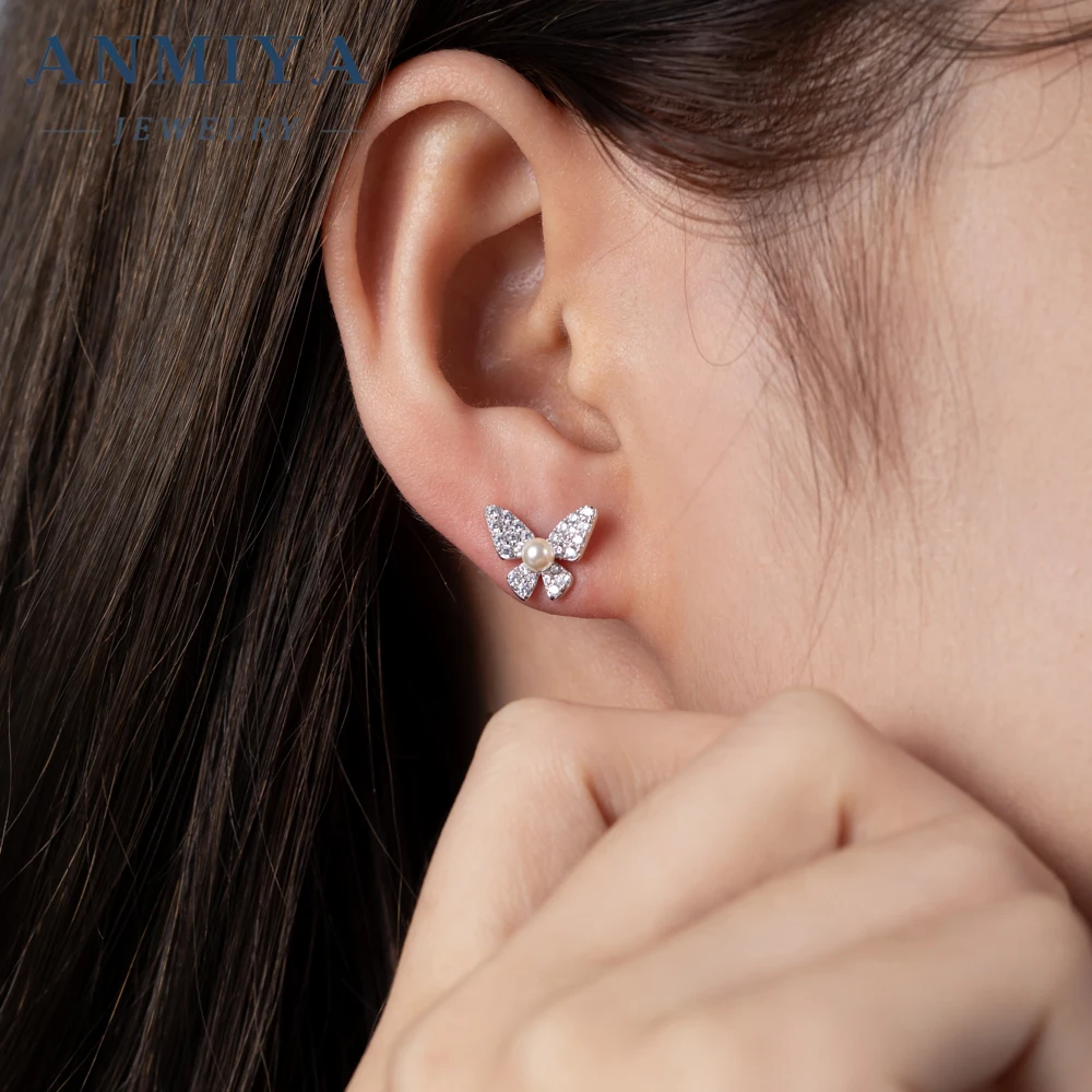 ANMIYA fashion 925 Silver jewelry vintage cz pearl butterfly earrings rhinestone pearl stud earrings
