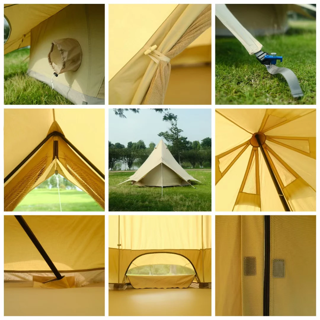 New Style Outdoor Canvas Bell Family Tent Portable Waterproof Large Camping Indian Canvas Tent with Extended Canopy