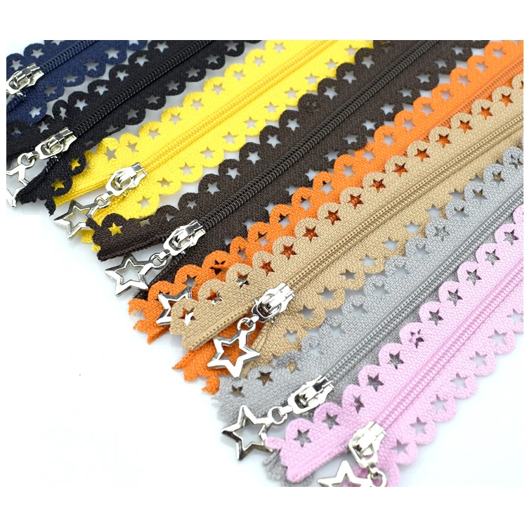 High Quality Closed End Colorful Nylon Lace Zipper 3# Zip Custom Star Nylon Zipper For Dress