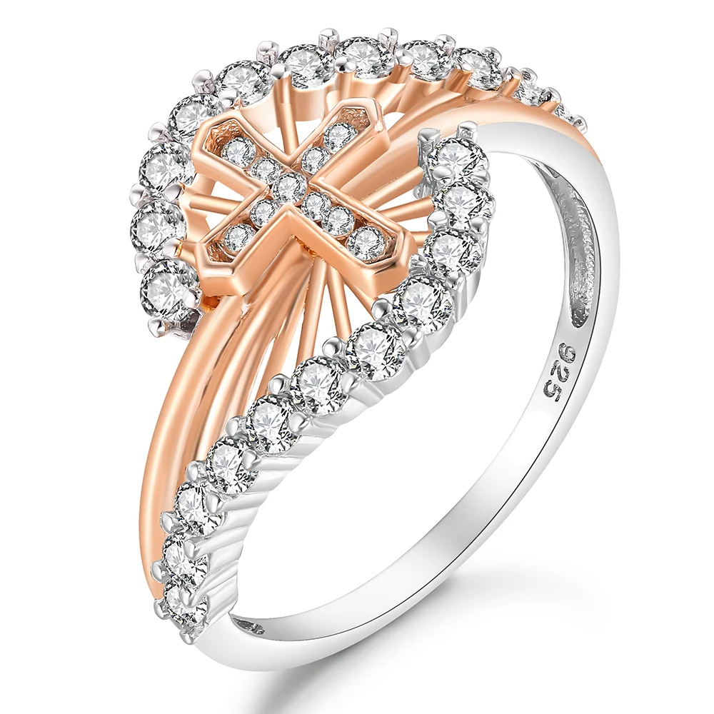 Customized 925 Sterling Silver 14K Gold Plated Pink Infinity Heart Cubic Zircon Cross Finger Ring Two Tone Rings Jewelry Women