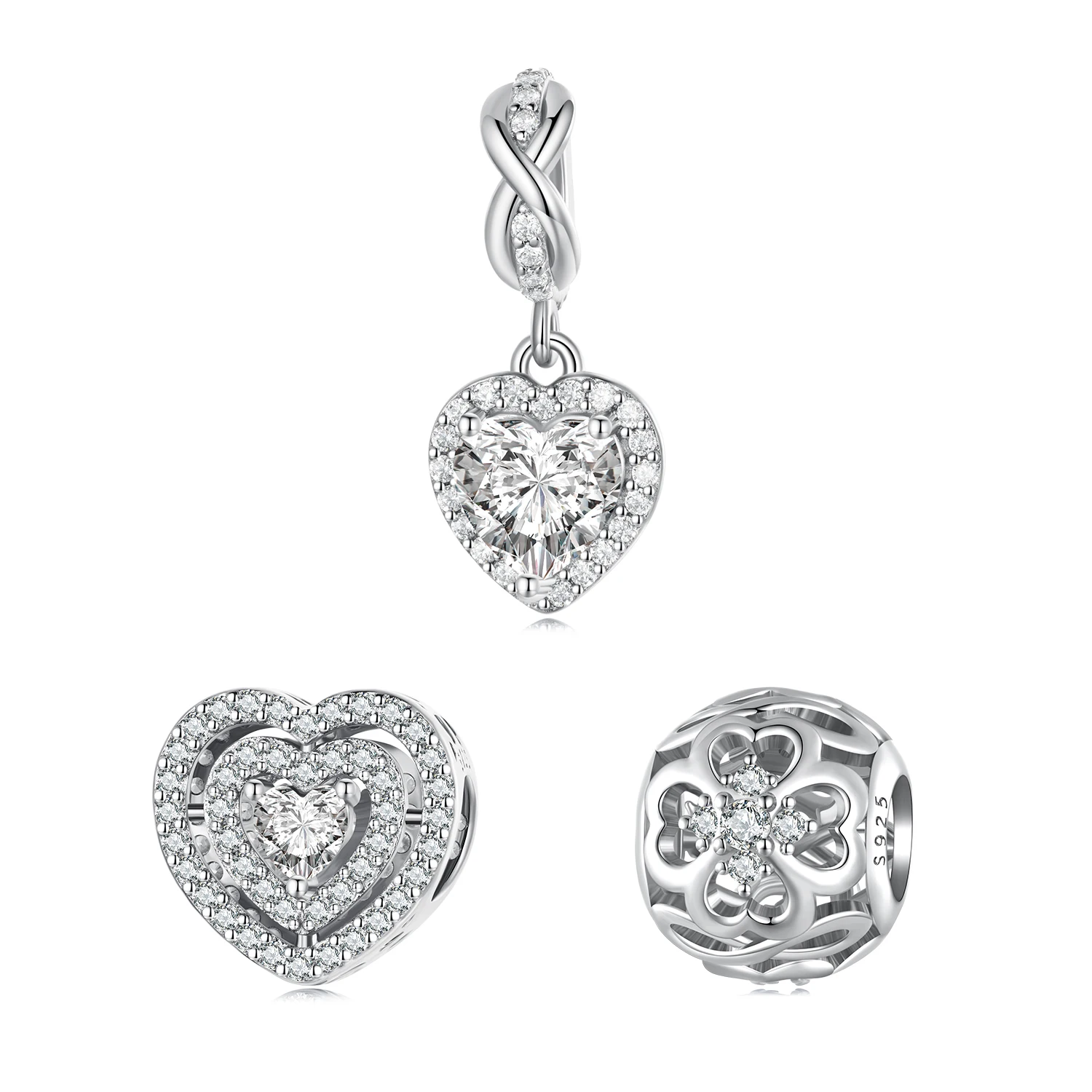 Simple Sparkling Heart Beaded 925 Sterling Silver Pave Zirconium Plated White Gold Heart Loose Bead Accessories