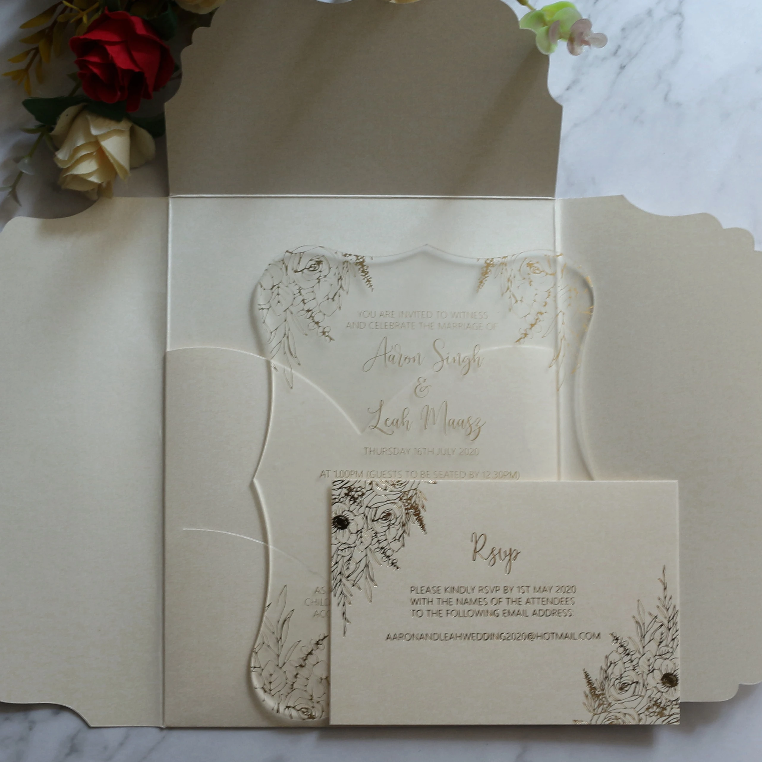 Nice design wedding invitation card frosted acrylic suite pocketfolder style with RSVP card