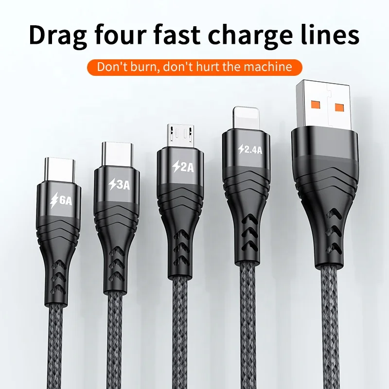 For Type-c/micro/iphone 4in1 Multi USB Charging Cable Nylon Braided Universal 6A Fast Charging Cable Mobile Phone Standard FMC