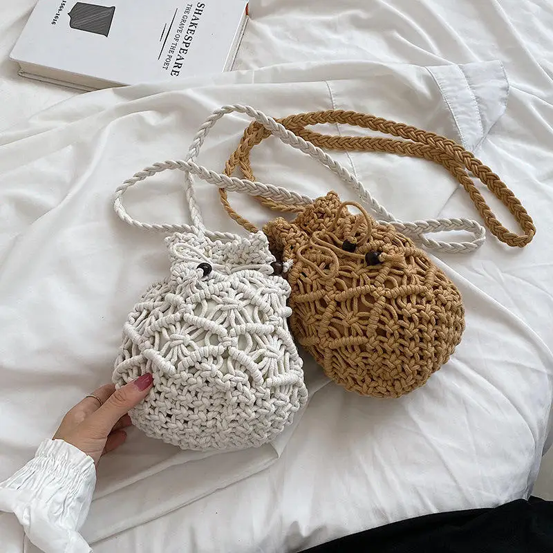 New Fashion Mini Crochet Purse Bucket Bag Vintage Woven Cotton Rope Hollowed Out One Shoulder Crossbody Bag