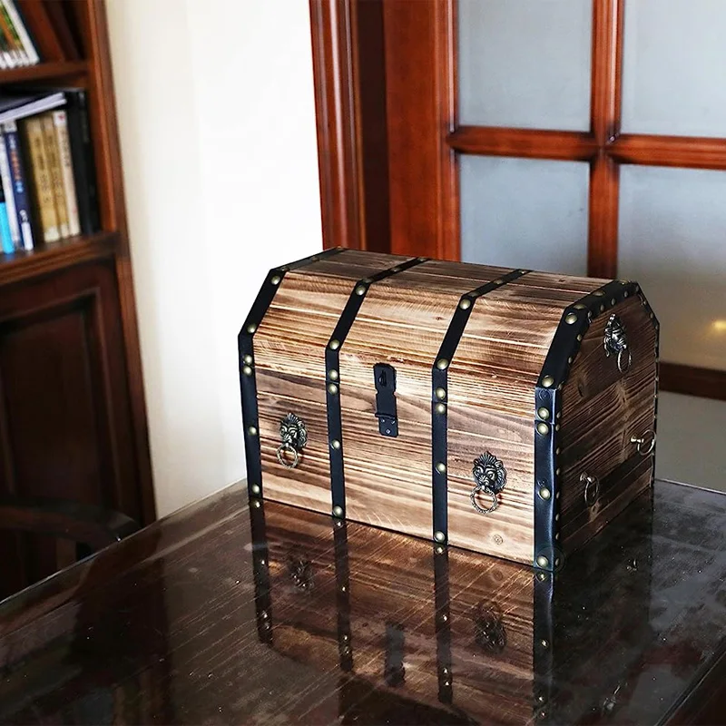 Decorative Wooden Treasure Chest Keepsake Box Large Wooden Pirate Lockable Trunk with Lion Rings