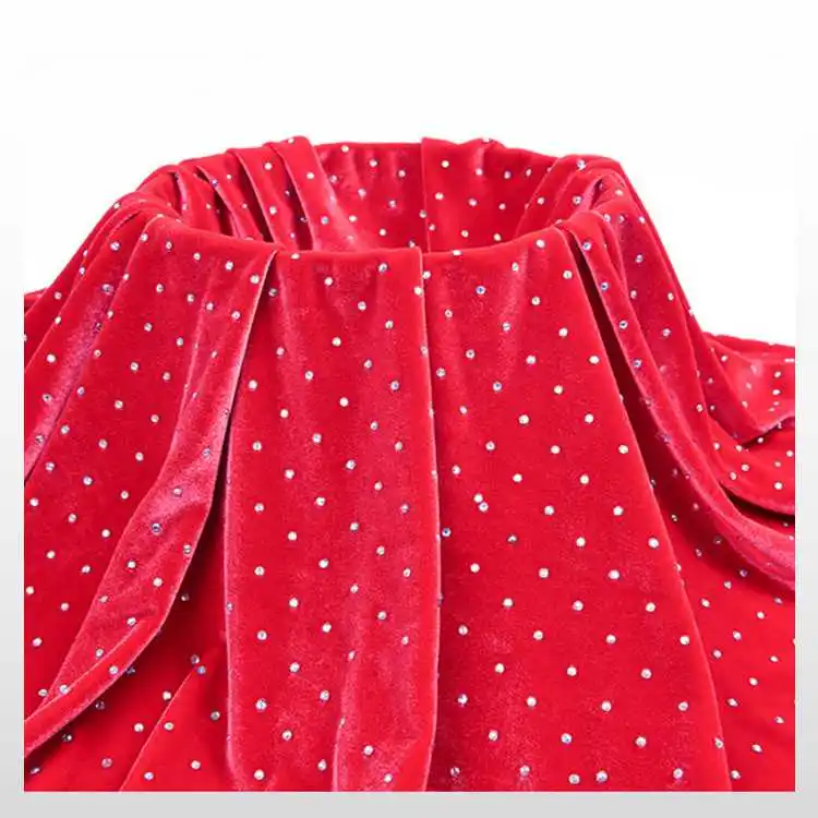 Red Korea Velvet Fabric Cloth Fabric for Stretch Velvet Dress With Stones Diamond Dancewear Costume Clothes Luxury (STONE S)
