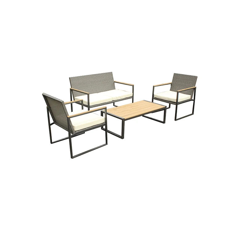 4 pcs synthetic rattan all weather KD metal patio rattan sofa set outdoor rattan garden sofa sets with PS wood on armrest
