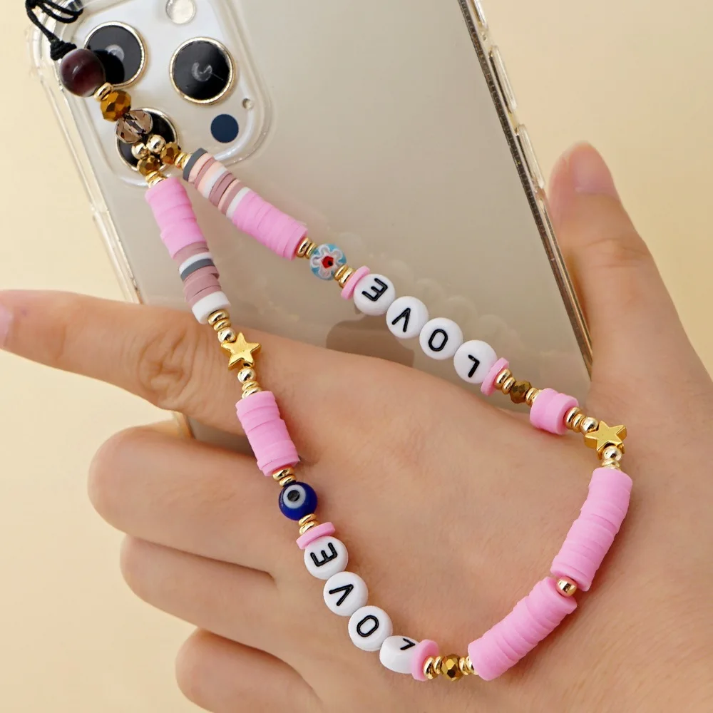 Colourful Phone Strap Acrylic Cell Phone Charm Hook With Pearls Crystal Beaded Mobile Phone Chain