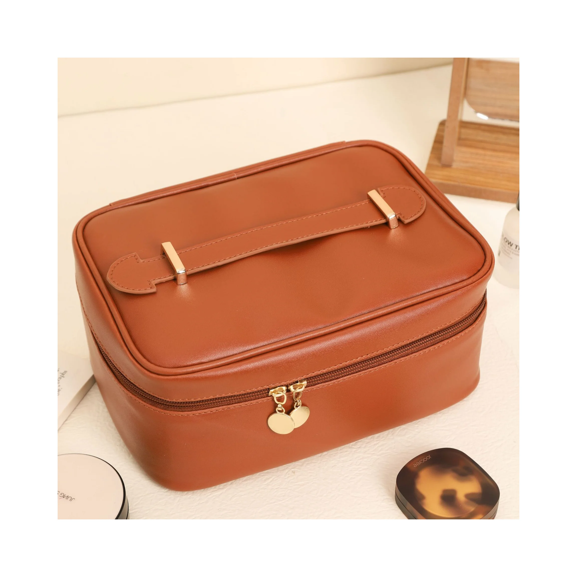 New style Large capacity travel accessories makeup bag PU leather handling style portable cosmetic case bag for women