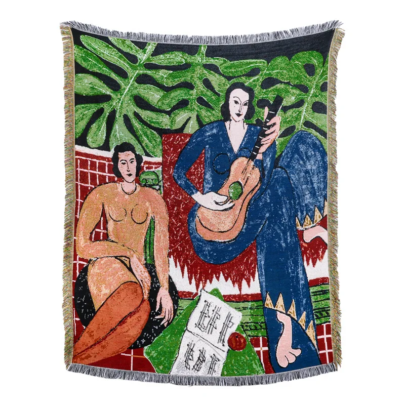 In Stock Custom Made Beast Faction Matisse Guitar Girl Jacquard Camping Blanket Ethnic Embroidered Woven Blanket Tapestry