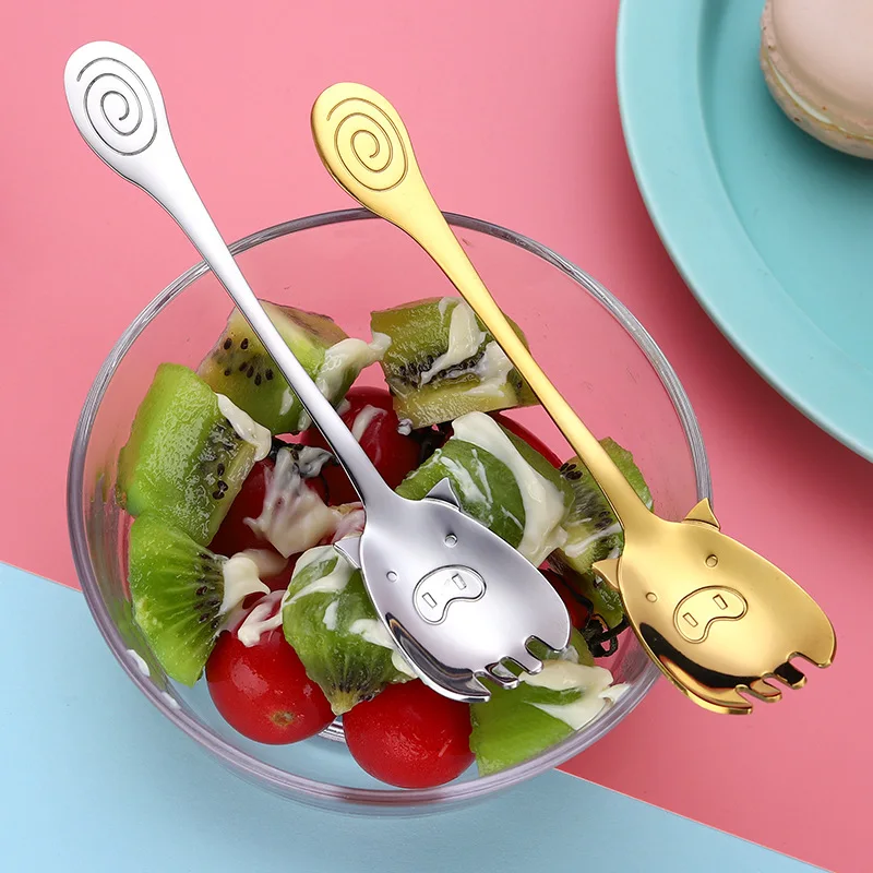 Colorful 304 Stainless Steel Pig Cartoon Spoon Fork Mini Dessert Fruit Salad Tea Coffee Ice