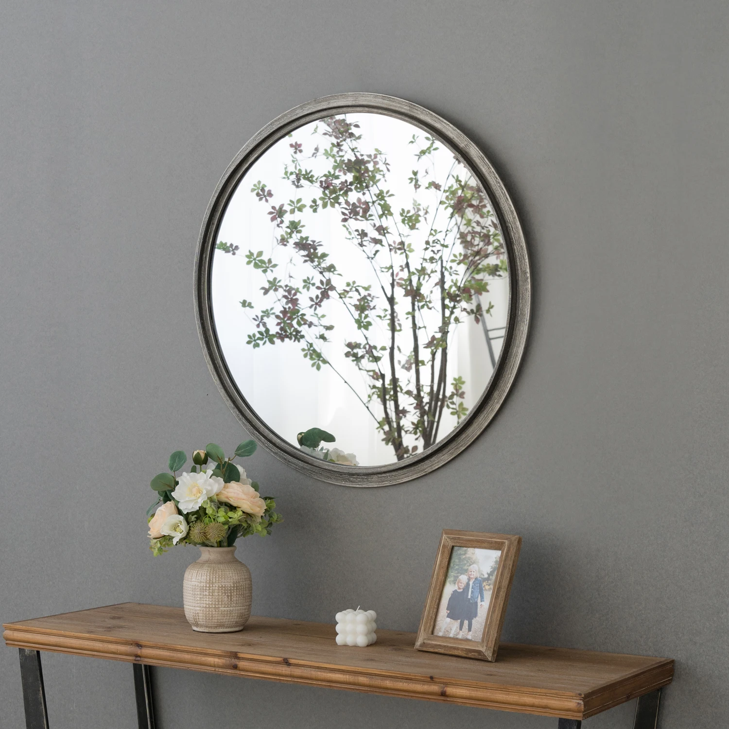 Custom Iron Large Round silver Frame Circle Mounted Bathroom Decor Wall Hanging Mirror