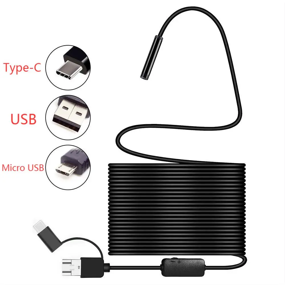 AN100 Endoscope Camera 5.5MM 3in1 TYPE-C USB Android Endoscope IP67 Waterproof Borescope Camera Rigid Cable Adjustable 6LEDs