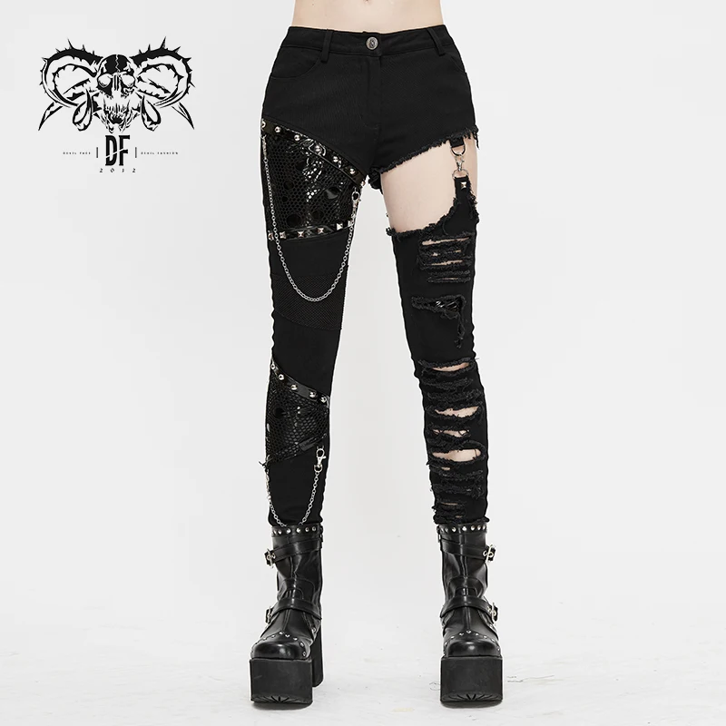 PT121 Devil fashion punk asymmetrically metallic broken holes ripped women pants with chains