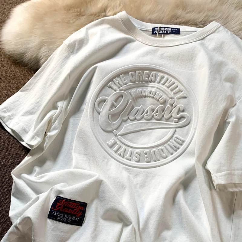 2022 Custom Fashion Embossed Tee 100% Cotton T shirts Pullover Premium Men Custom Embossed summer logo  Shirt