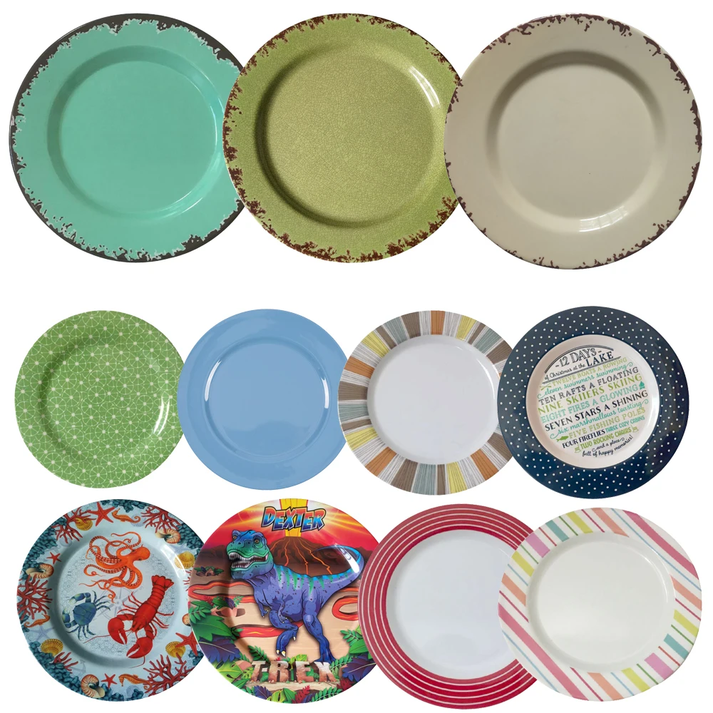 Decorative wholesale melamine rustic style printed dusty blue round green salad dessert charger plates for restaurants and kids