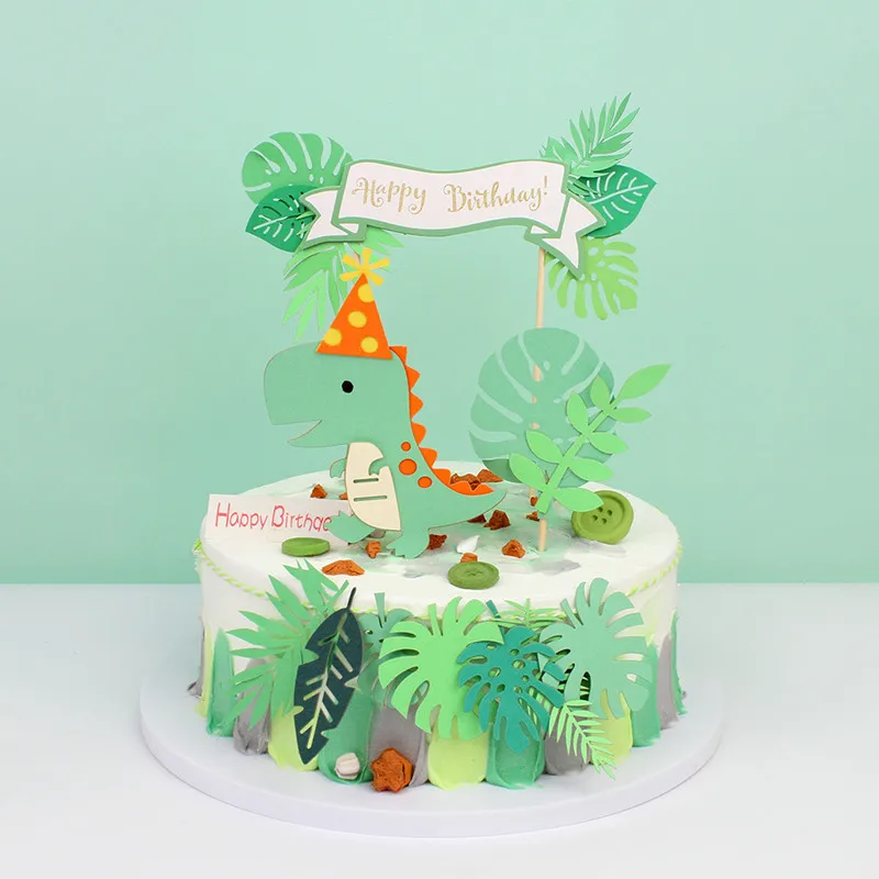 Children happy birthday green jungle dinosaur theme cake toppers safari set for kids birthday party cake decoration supplies