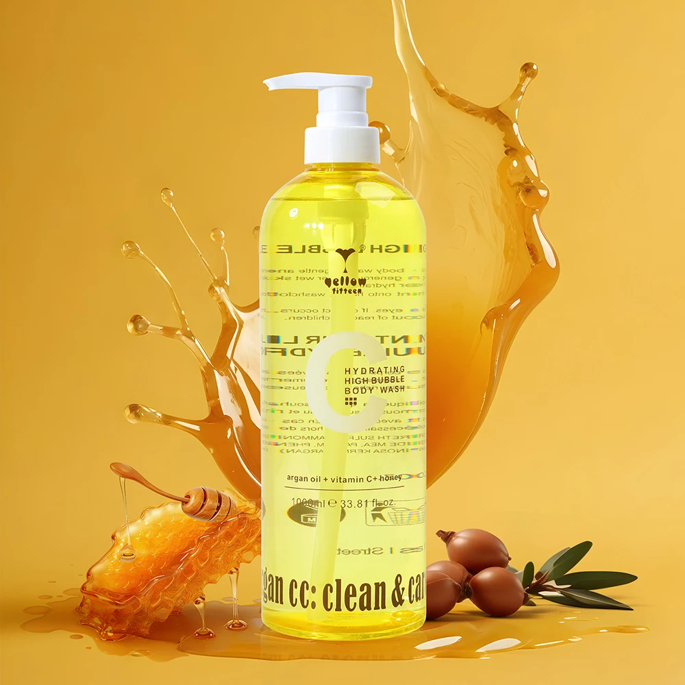 Private Label EU Certificate High Quality Argan Oil Honey Moisture Vitamin C Whitening Anti Aging Bubble Rich Body Wash