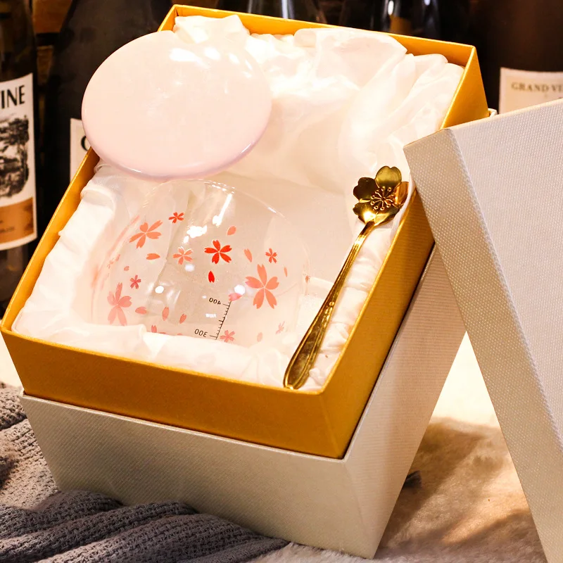  Sakura with a single layer of tea lid cute transparent heat-resistant milk graduated glass