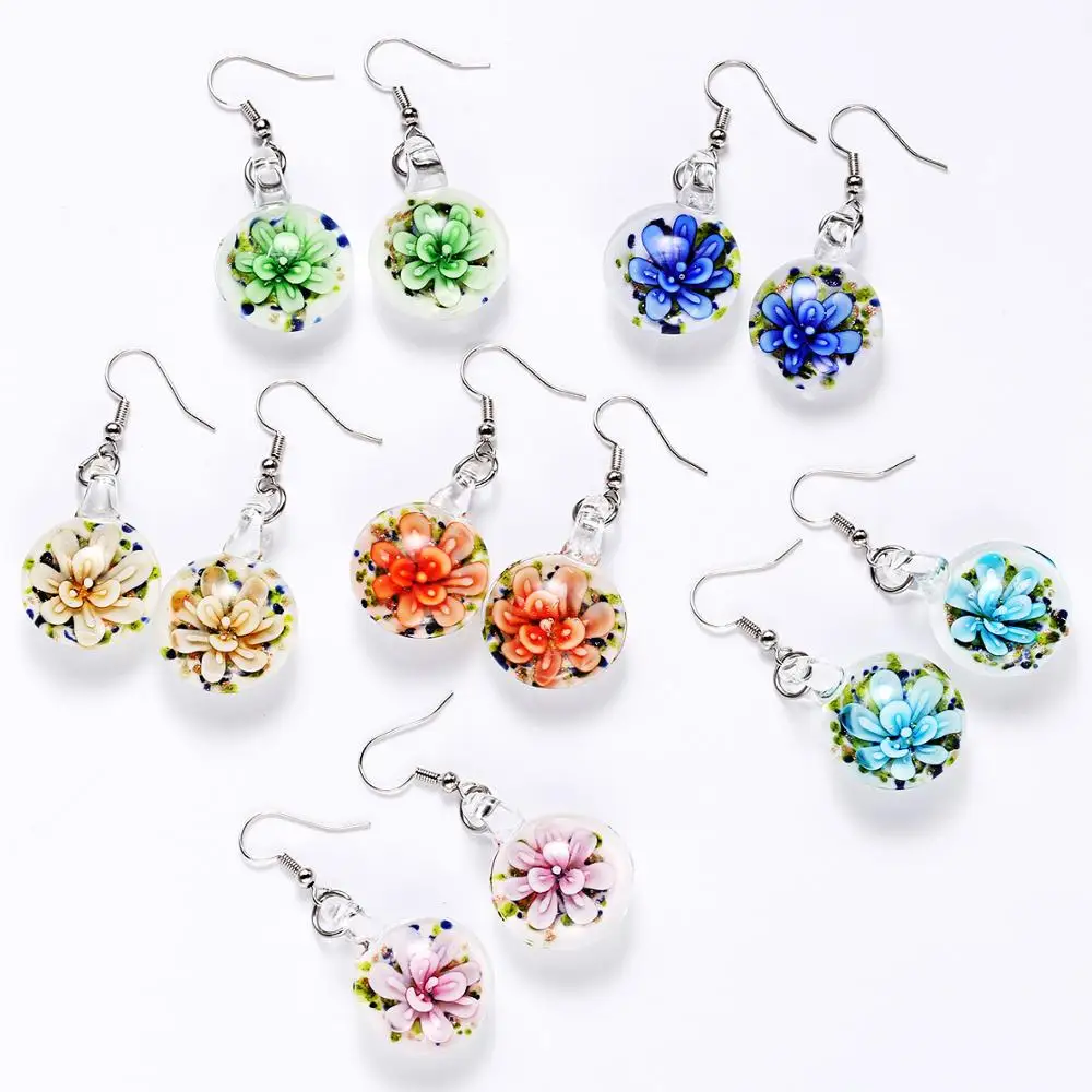 New style Millefiori Inspiration Lampwork Flower Italy Murano Glass Flat Ball Earrings Craft Jewelry Wholesale BHQ030