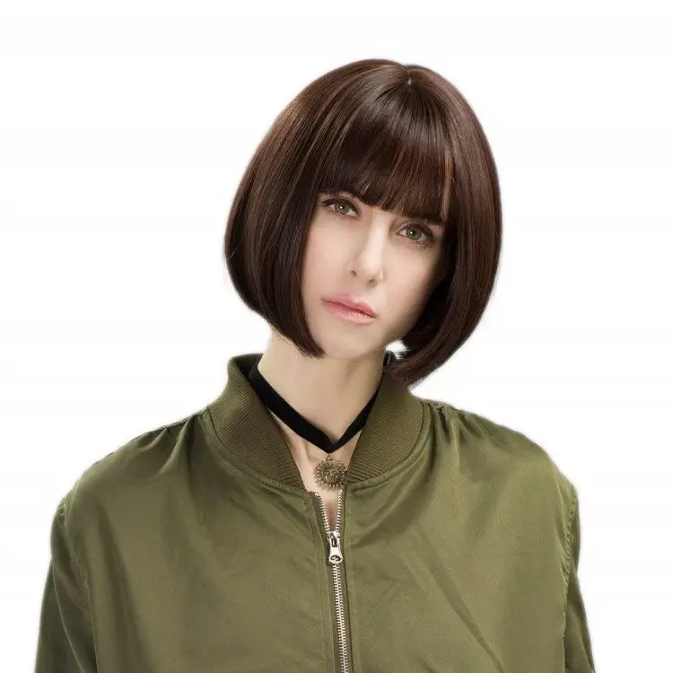 Fashion Style Bobo Head Mid-length Straight Hair with Bangs Fully Machined Women Wigs Synthetic Headgear