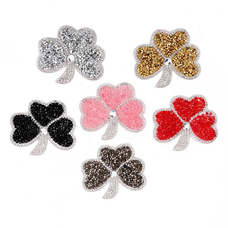 Wholesale Fashion Dress DIY Accessory Iron On Patch Hot Melt Black And Clear Crystal Rhinestone Flower Applique Patch